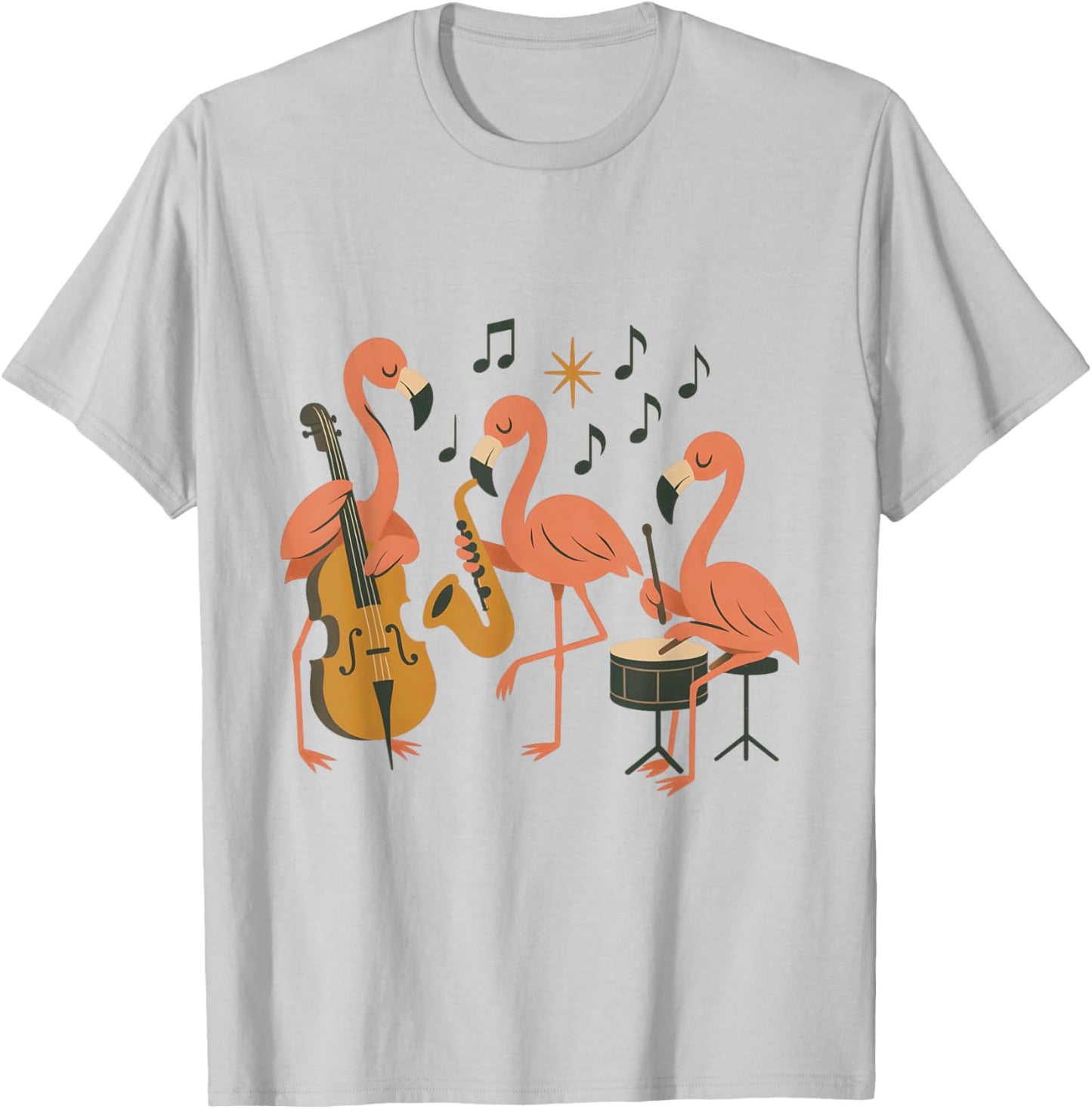 Funny Cartoon Flamingo Jazz Band Animal Music Graphic T-Shirt - T-Shirt | Ash