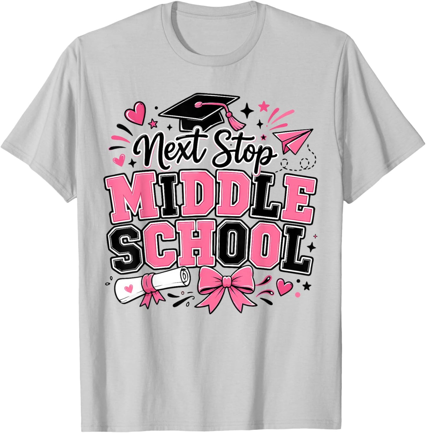 Next Stop Middle School 5th Grade Graduation Pink Bow Girl T-Shirt - T-Shirt | Ash