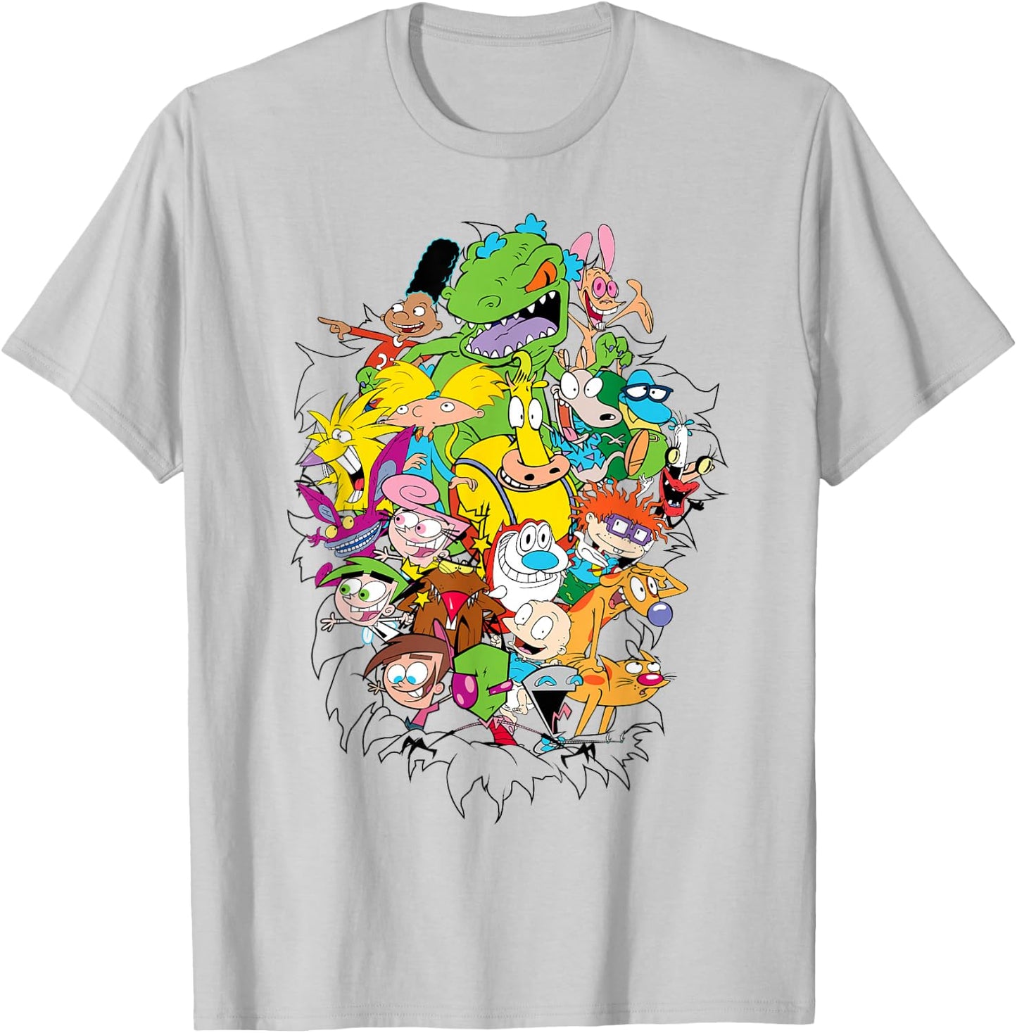 Nickelodeon Classic Characters Bursting Through T-Shirt - T-Shirt | Ash