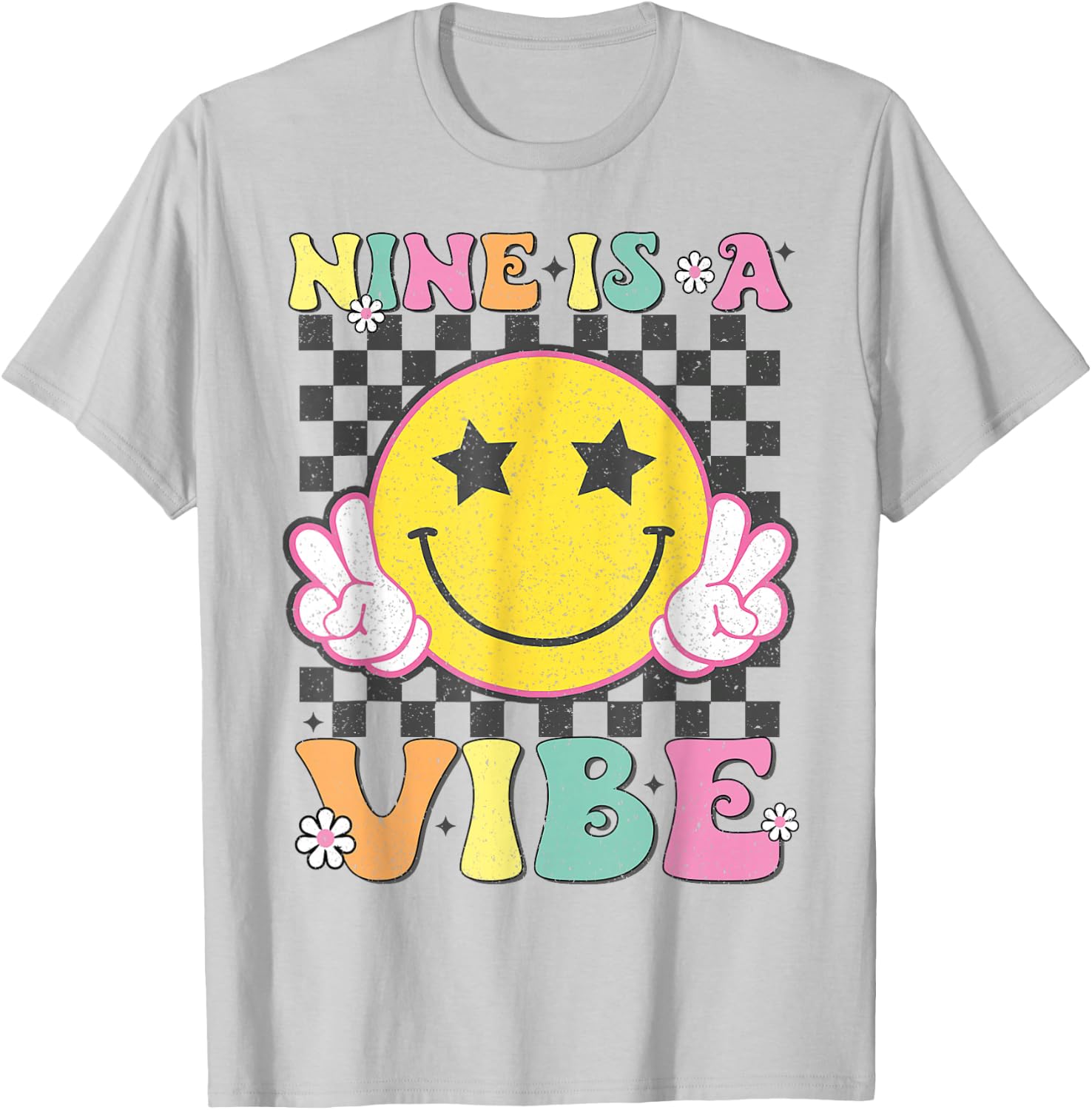 Nine Is A Vibe 9th Birthday Groovy Smile Face 9 Years Old T-Shirt - T-Shirt | Ash