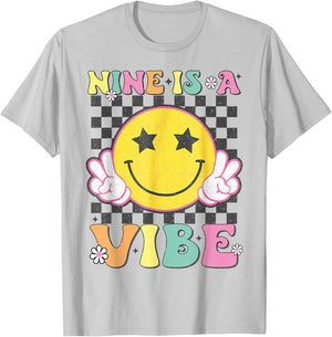 Nine Is A Vibe 9th Birthday Groovy Smile Face 9 Years Old T-Shirt - T-Shirt | Ash