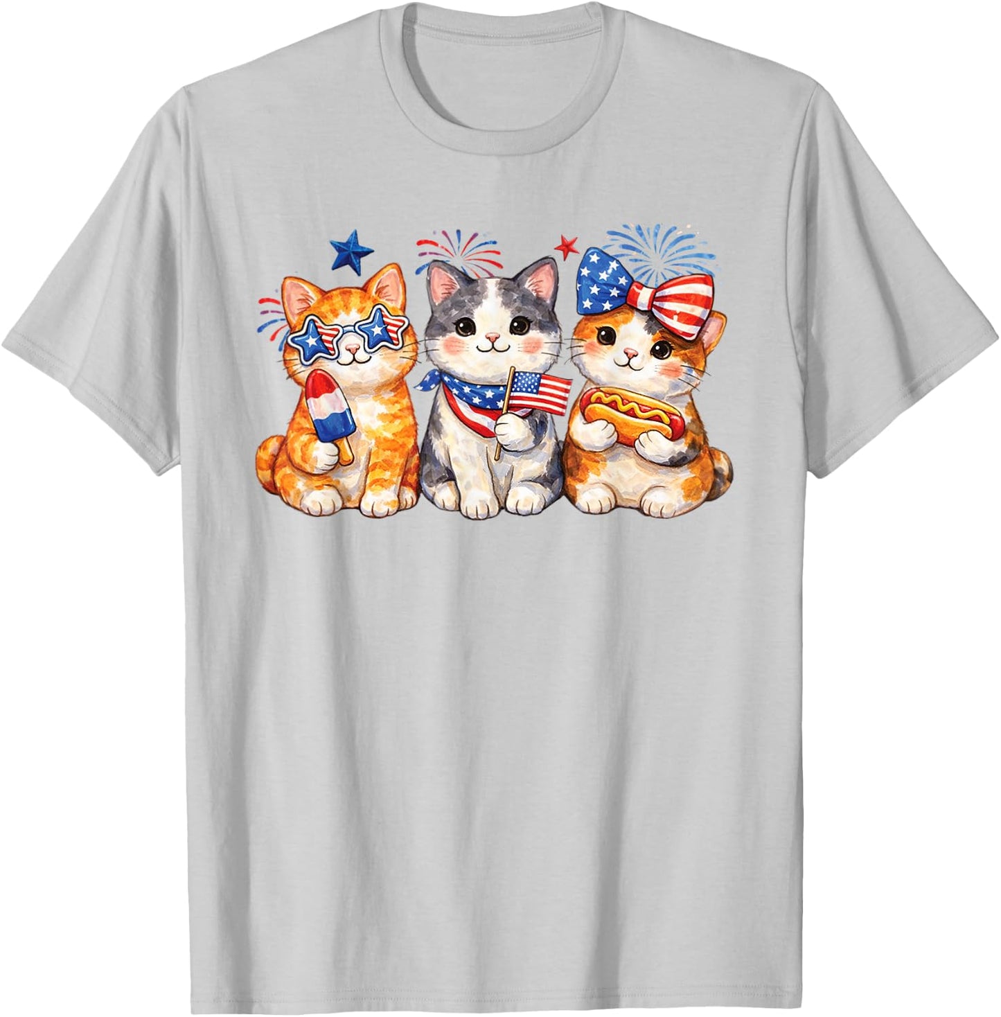 Patriotic Cat Trio Fourth of July Cute Kitten USA Graphic T-Shirt - T-Shirt | Ash
