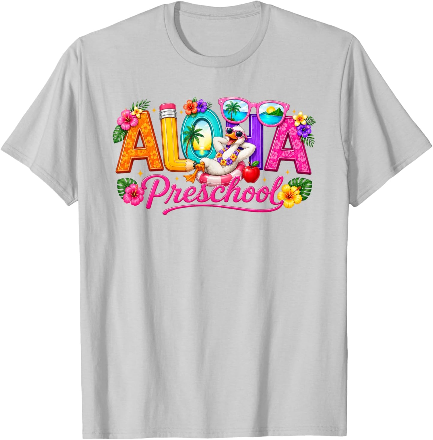 Aloha Preschool Tropical Floral Silly Goose Back to School T-Shirt - T-Shirt | Ash