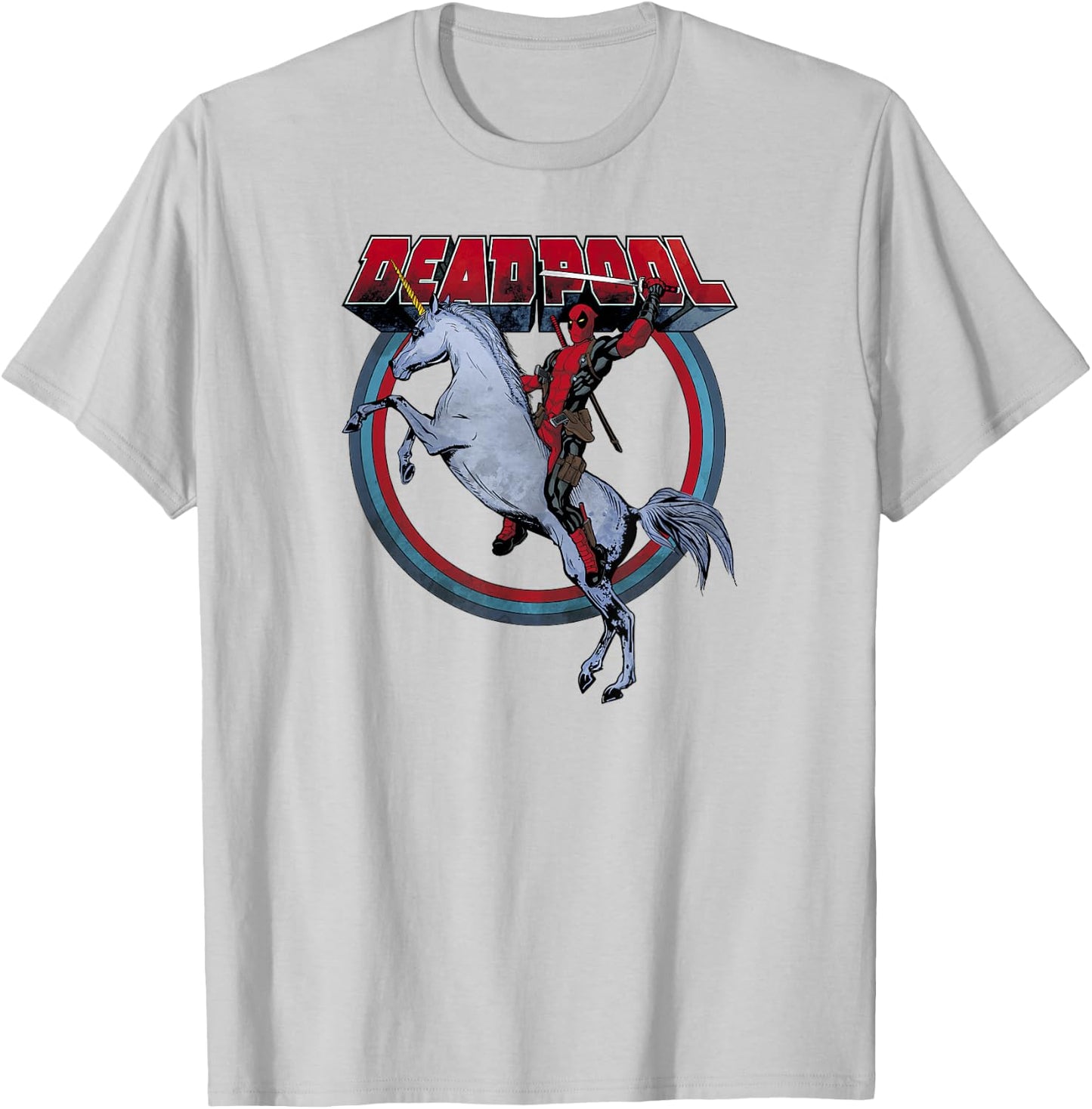 Marvel Deadpool Riding A Unicorn Circle Graphic C2 T-Shirt - T-Shirt | Ash