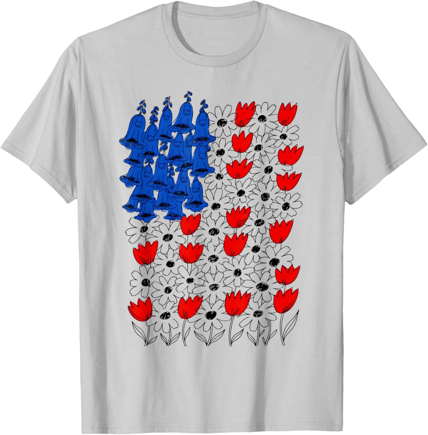 Fourth of July Foxglove Daisy Tulip Floral American Flag T-Shirt - T-Shirt | Ash
