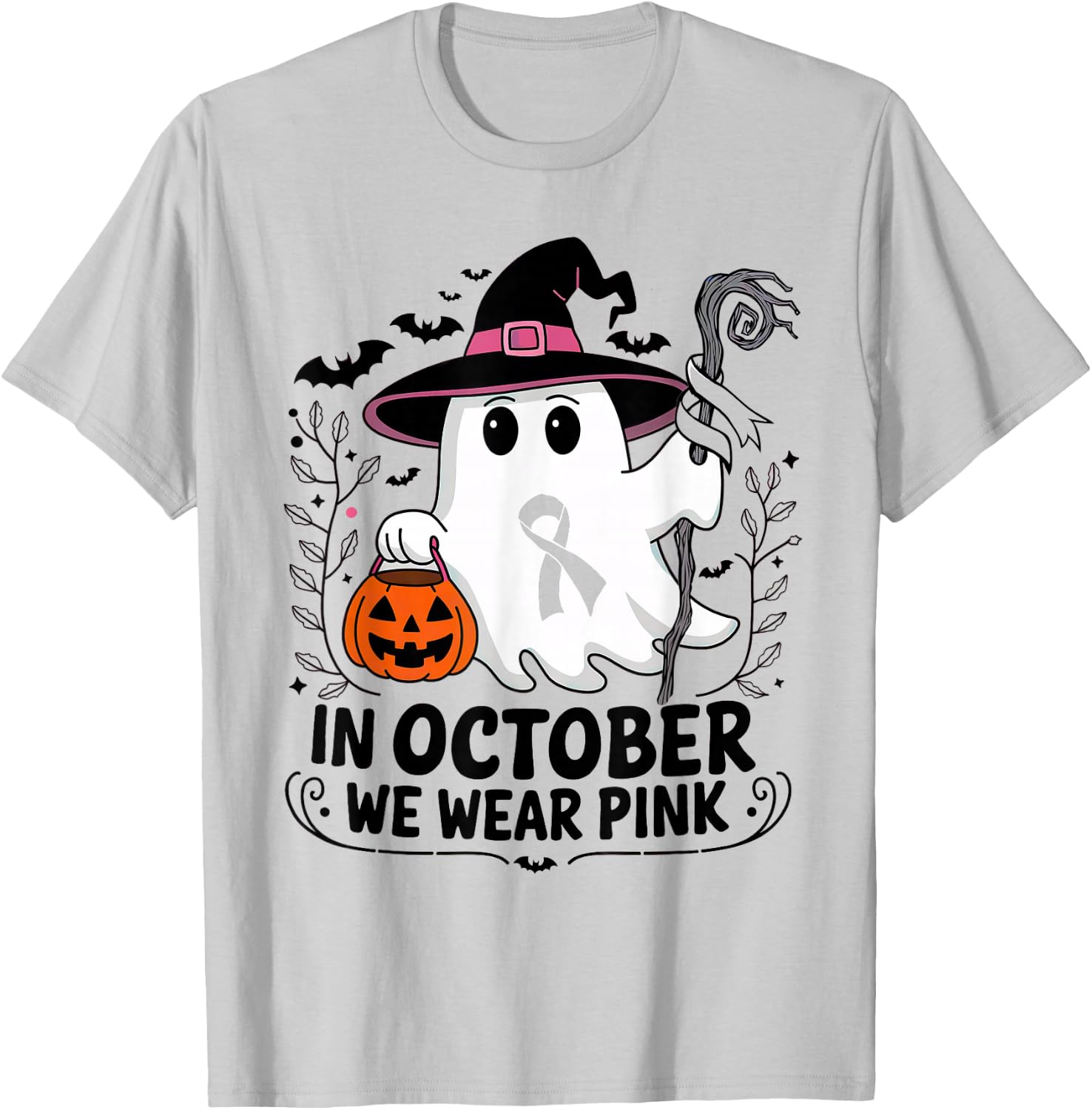 In October We Wear Pink Breast Cancer Awareness Halloween T-Shirt - T-Shirt | Ash