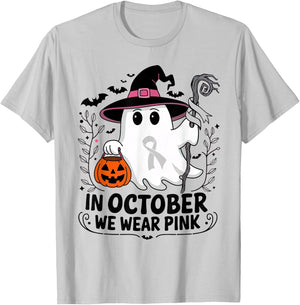 In October We Wear Pink Breast Cancer Awareness Halloween T-Shirt - T-Shirt | Ash