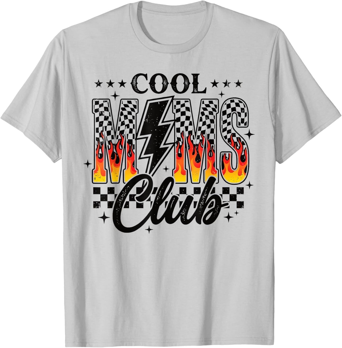 Cool Moms Club Checkered Lightning Flame Retro Trendy Mom T-Shirt - T-Shirt | Ash
