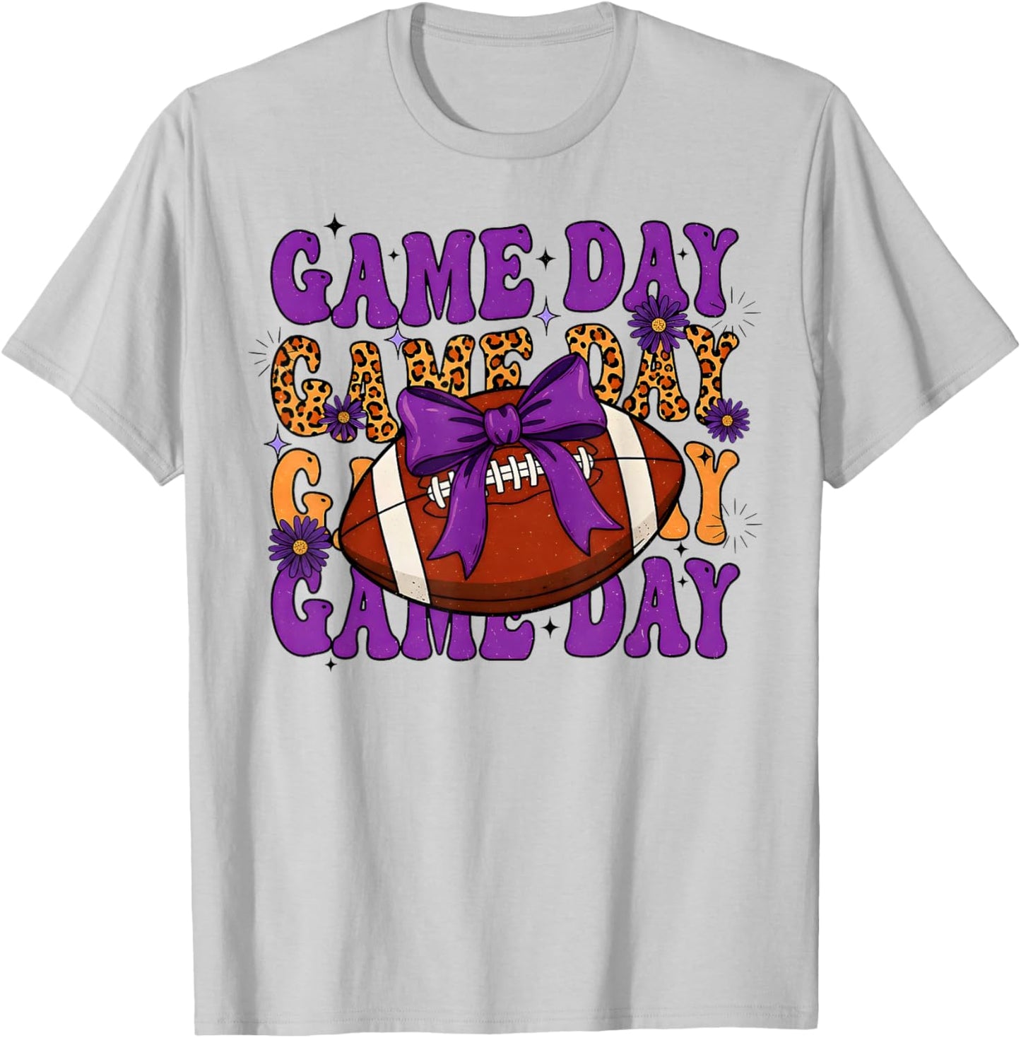 Purple Leopard Game Day Football Bow Touchdown Season T-Shirt - T-Shirt | Ash