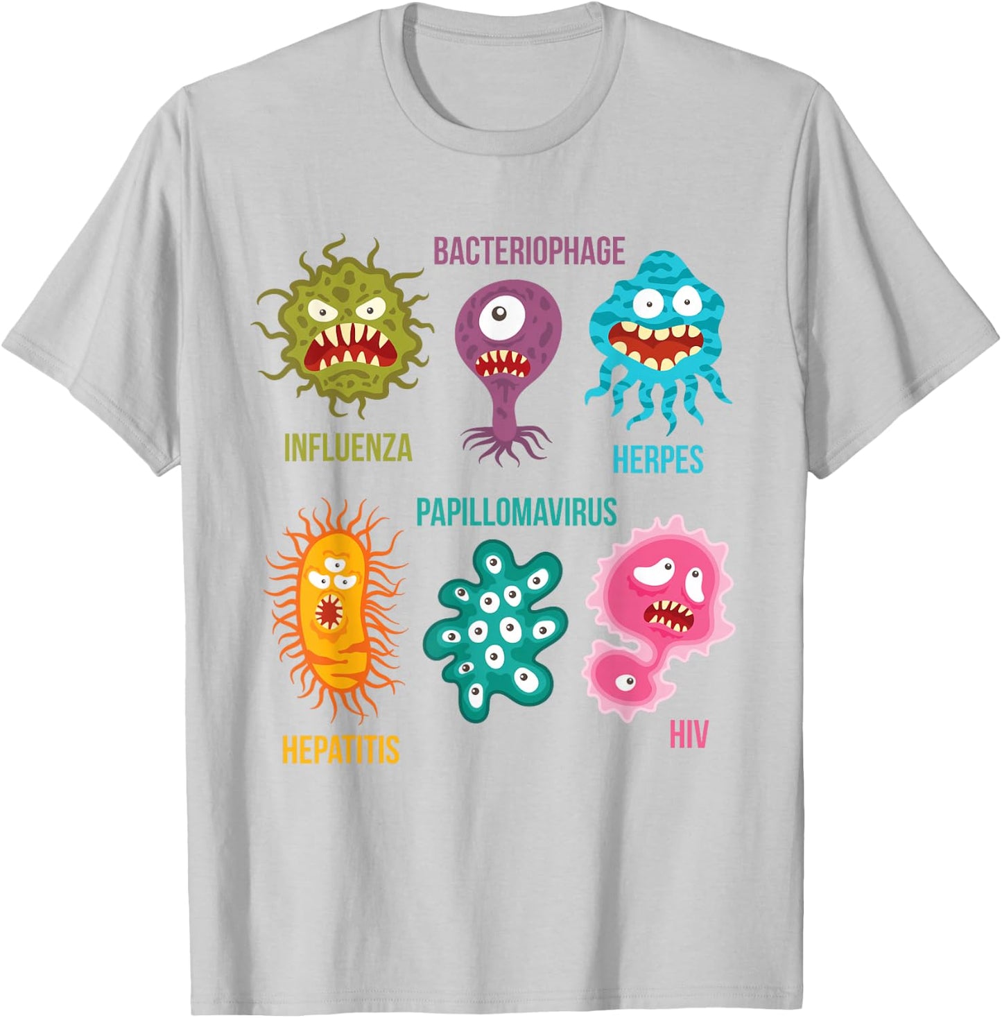 Virology : Family Of Cute Colorful Viruses T-Shirt - T-Shirt | Ash