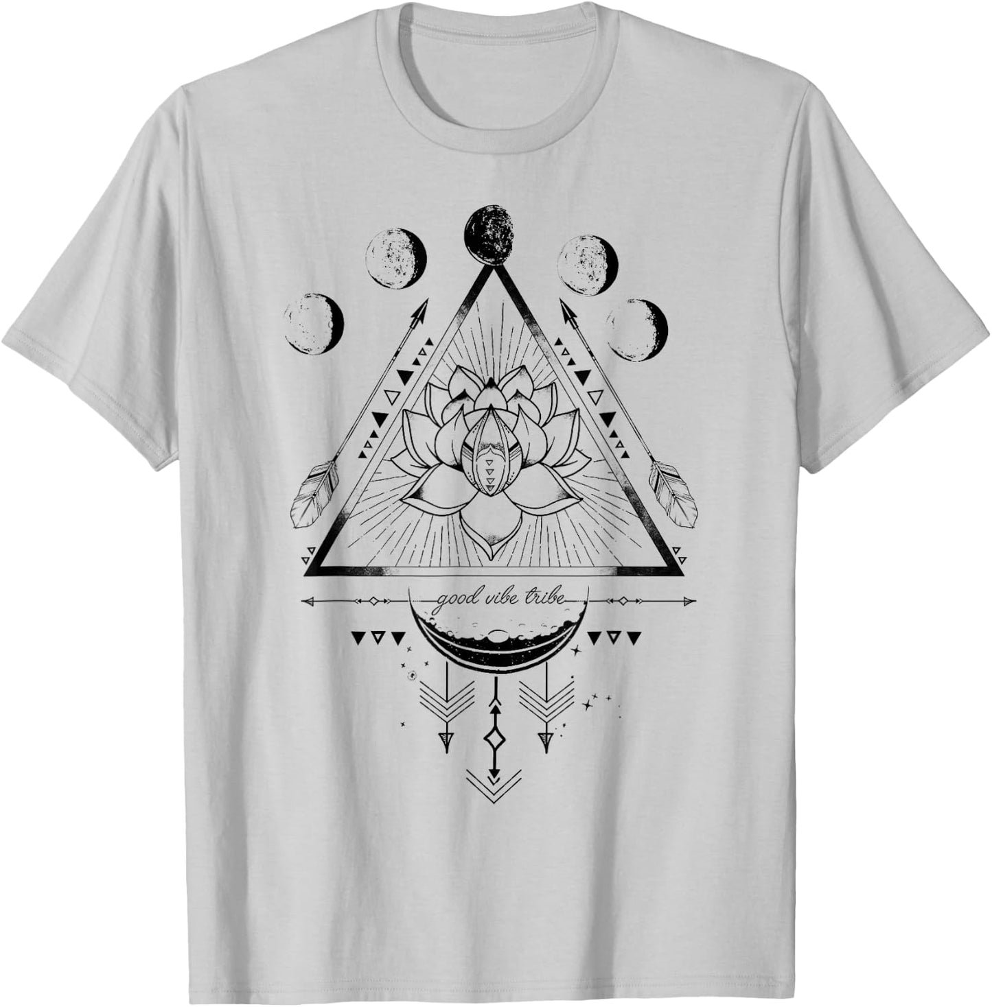 Moon Phase Good Vibe Geometric Lotus Flower T-Shirt - T-Shirt | Ash