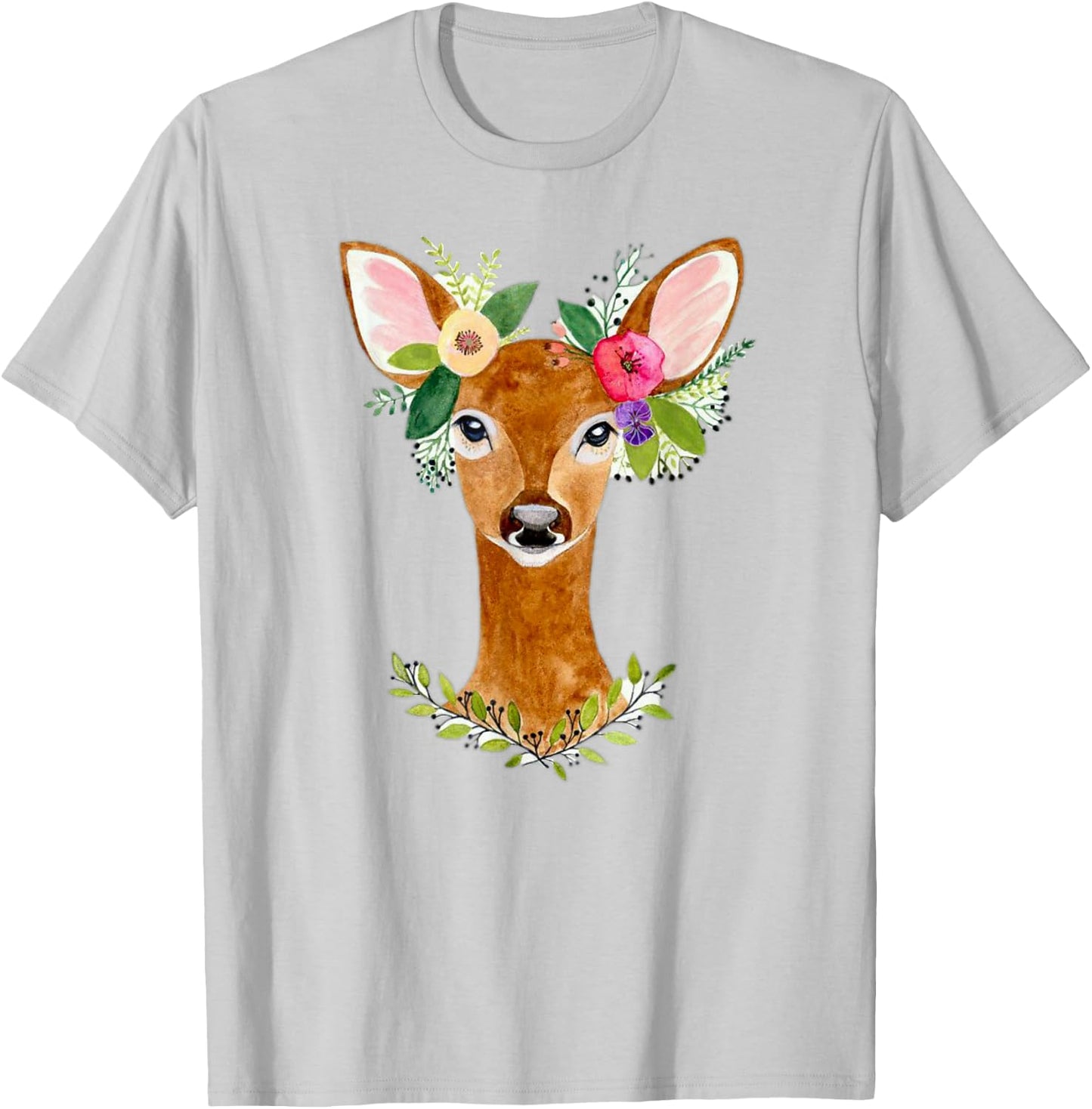 Lovely Doe Boho Nature Floral Art Deer Artwork T-Shirt - T-Shirt | Ash