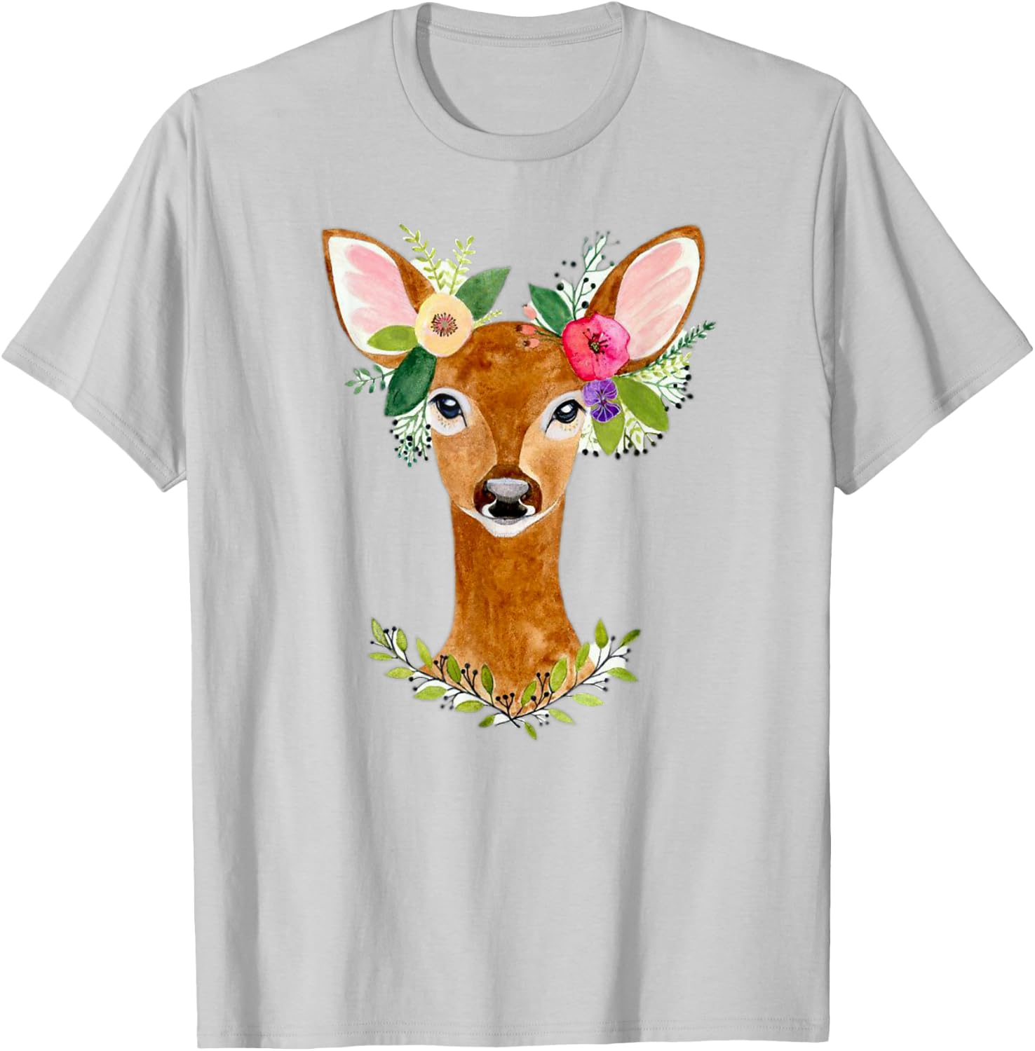 Lovely Doe Boho Nature Floral Art Deer Artwork T-Shirt - T-Shirt | Ash