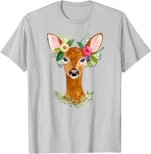 Lovely Doe Boho Nature Floral Art Deer Artwork T-Shirt - T-Shirt | Ash