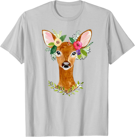 Lovely Doe Boho Nature Floral Art Deer Artwork T-Shirt - T-Shirt | Ash