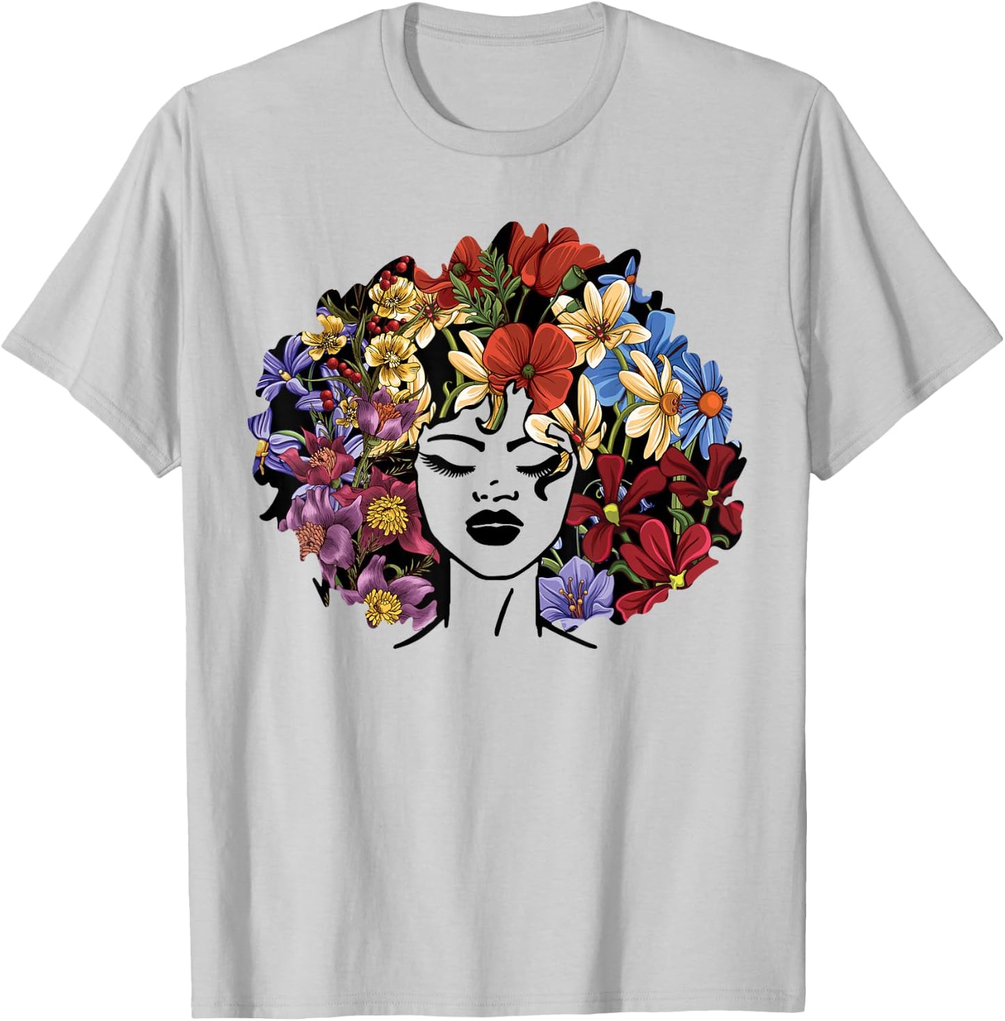 Juneteenth Women Black History Gift Afro Flower Hair T-Shirt - T-Shirt | Ash