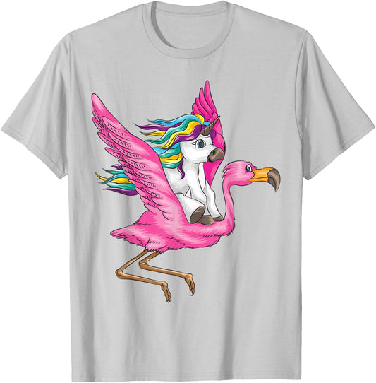Unicorn Riding Flamingo Shirt | Fantasy Creatures Fans Gift T-Shirt - T-Shirt | Ash