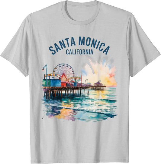 Santa Monica California Vintage Watercolor Sunset Travel T-Shirt - T-Shirt | Ash