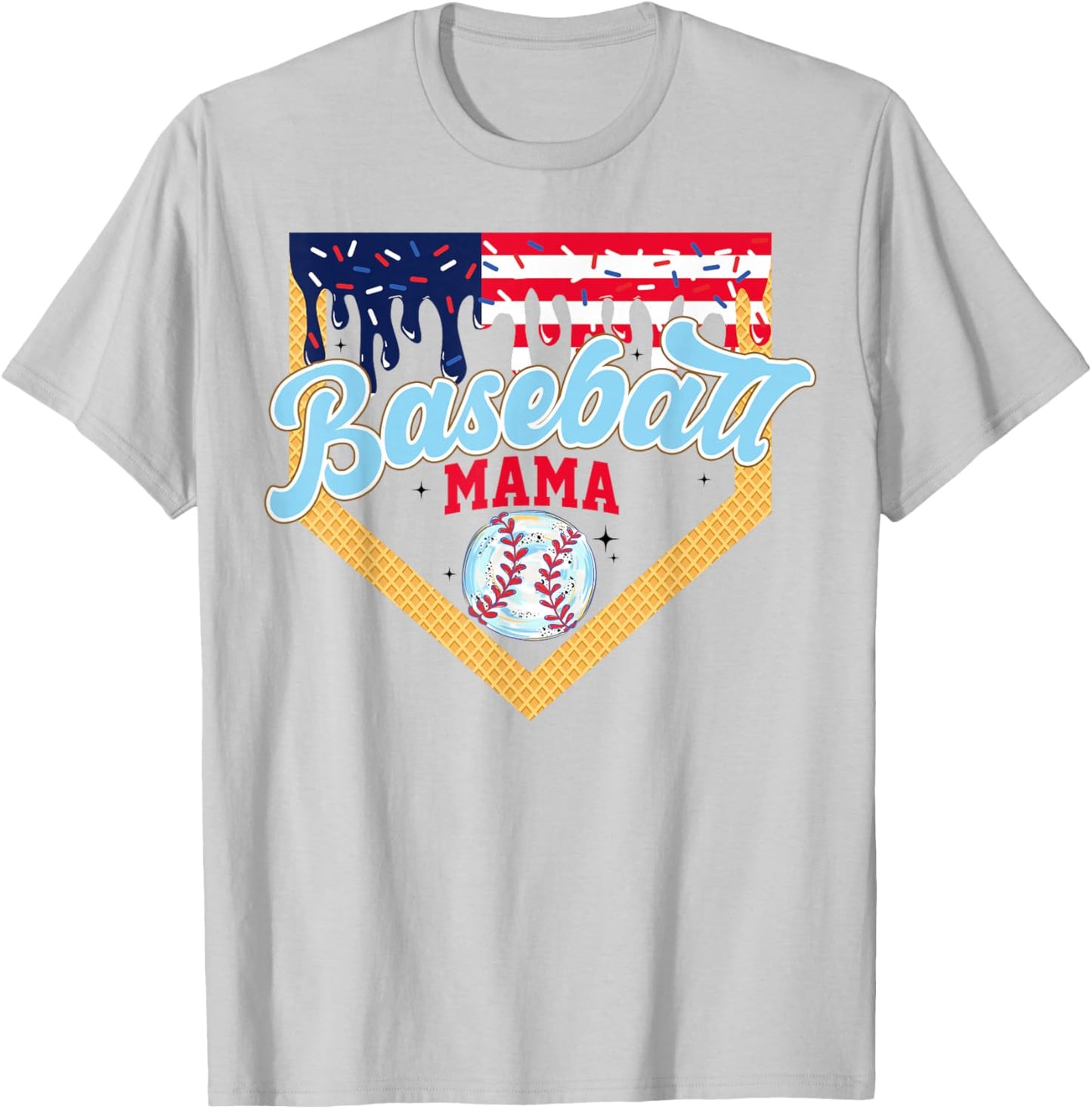 Mama Baseball Ice Cream Drip Mom American Flag 4th Of July T-Shirt - T-Shirt | Ash