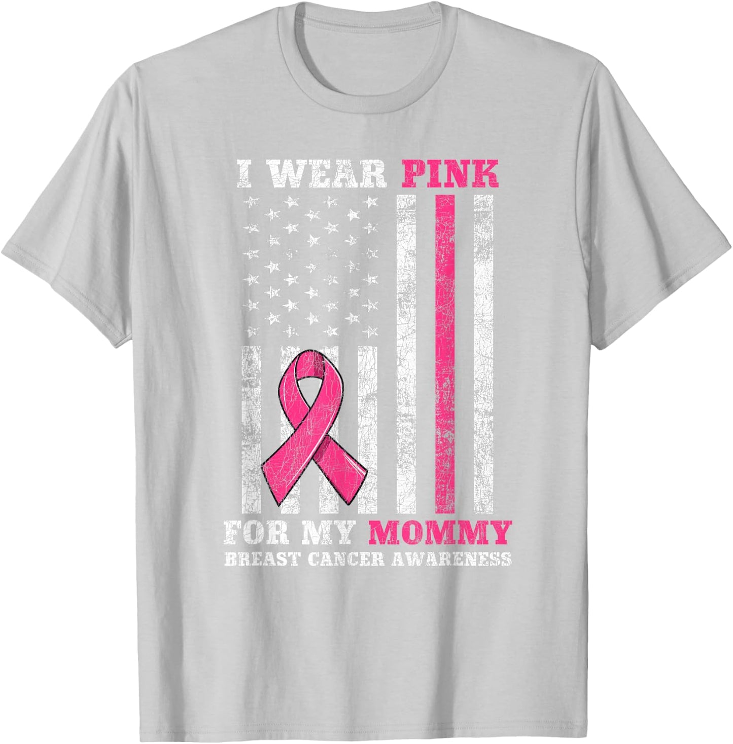 Breast Cancer Pink Ribbon Mom American US Flag Men Women T-Shirt - T-Shirt | Ash