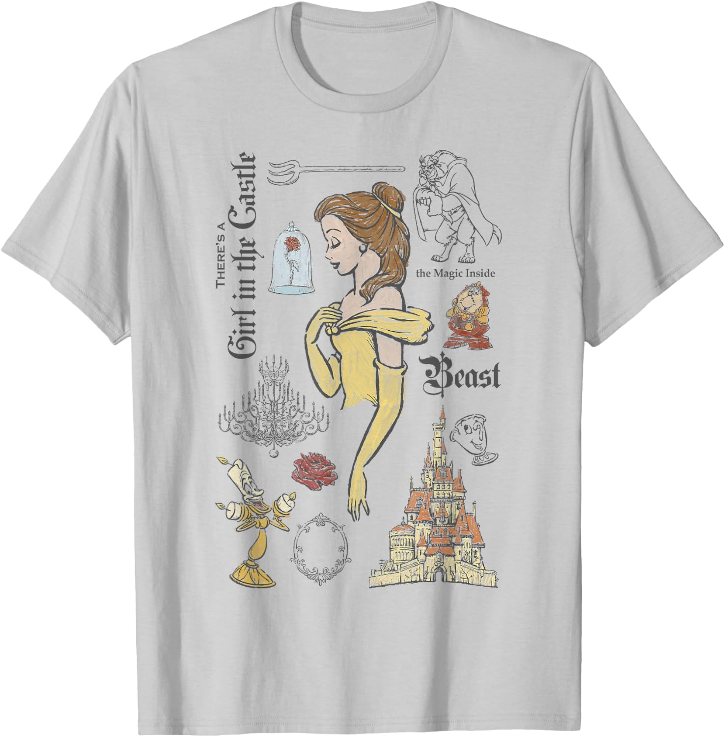 Disney Beauty and The Beast Characters Sketched T-Shirt - T-Shirt | Ash