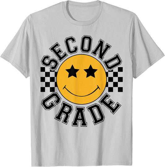 Retro Second Grade Smile Face Back To School Teacher Student T-Shirt - T-Shirt | Ash