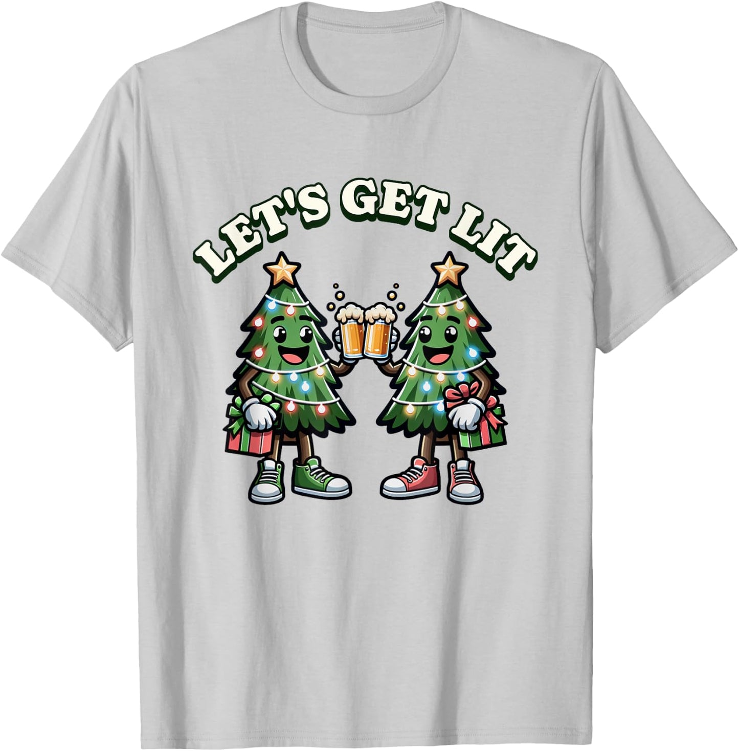 Let's get Lit - Christmas Trees Drinking Beer - Xmas T-Shirt - T-Shirt | Ash
