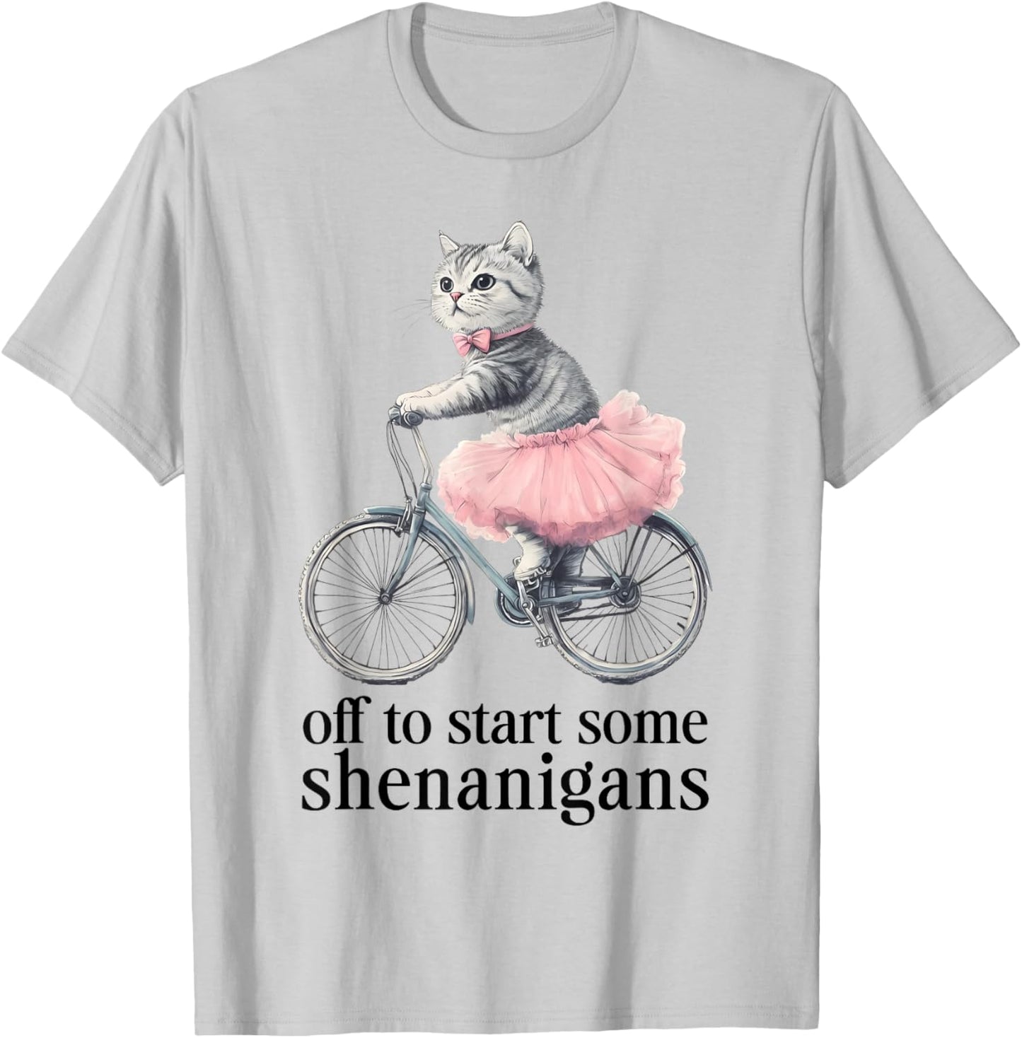 Off to Start Some Shenanigans Funny Cat Riding Bicycle Art T-Shirt - T-Shirt | Ash