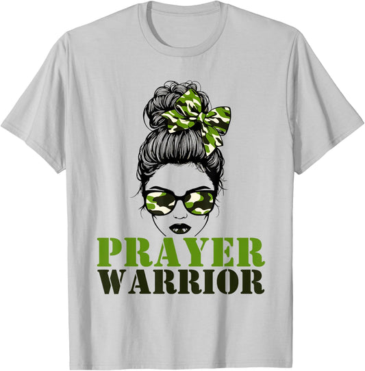 Prayer Warrior Camo Messy Bun Pray Camouflage Girl Woman T-Shirt - T-Shirt | Ash