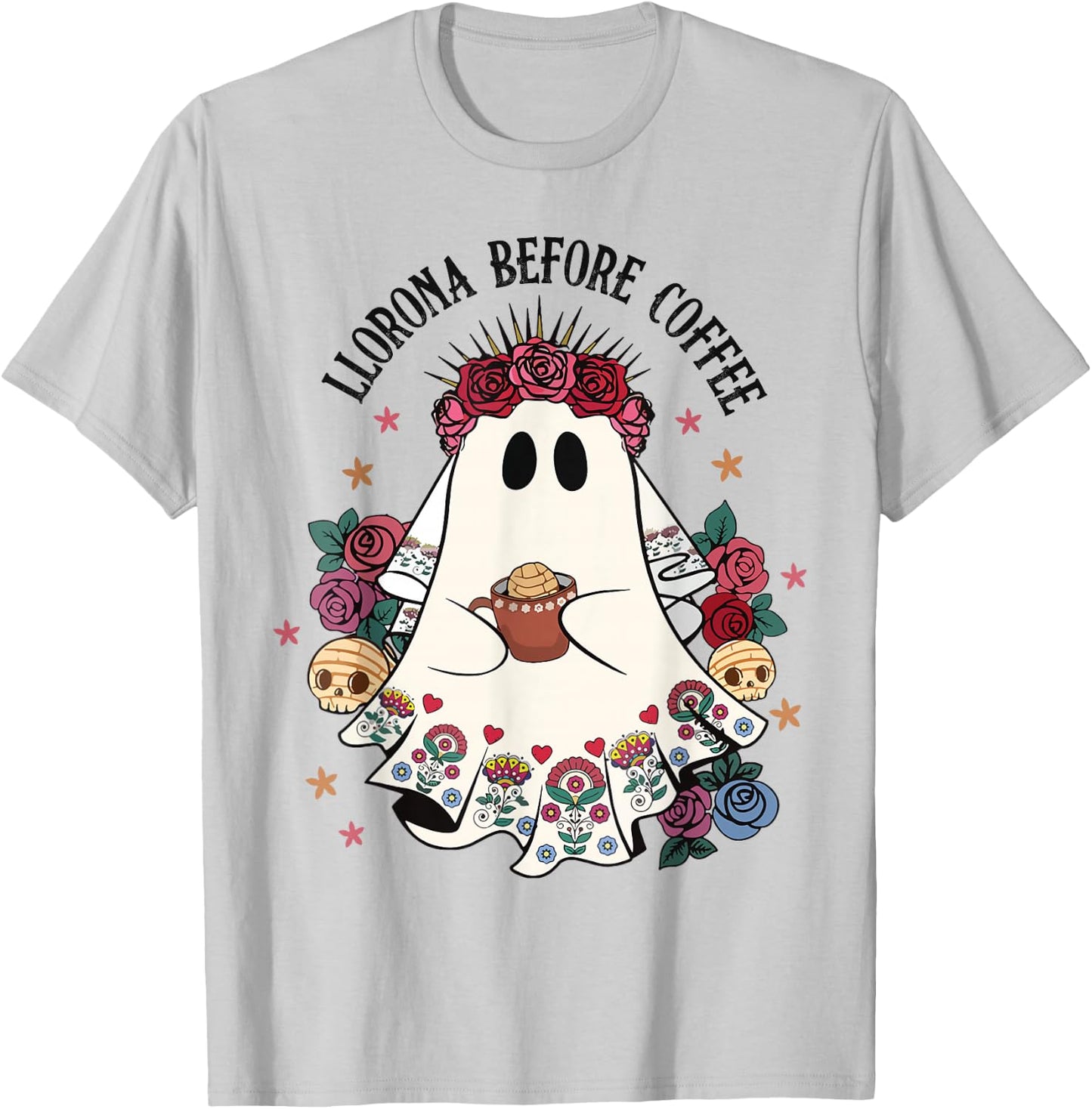 Llorona Before Coffee Lover Cute Mexican Ghost Halloween T-Shirt - T-Shirt | Ash