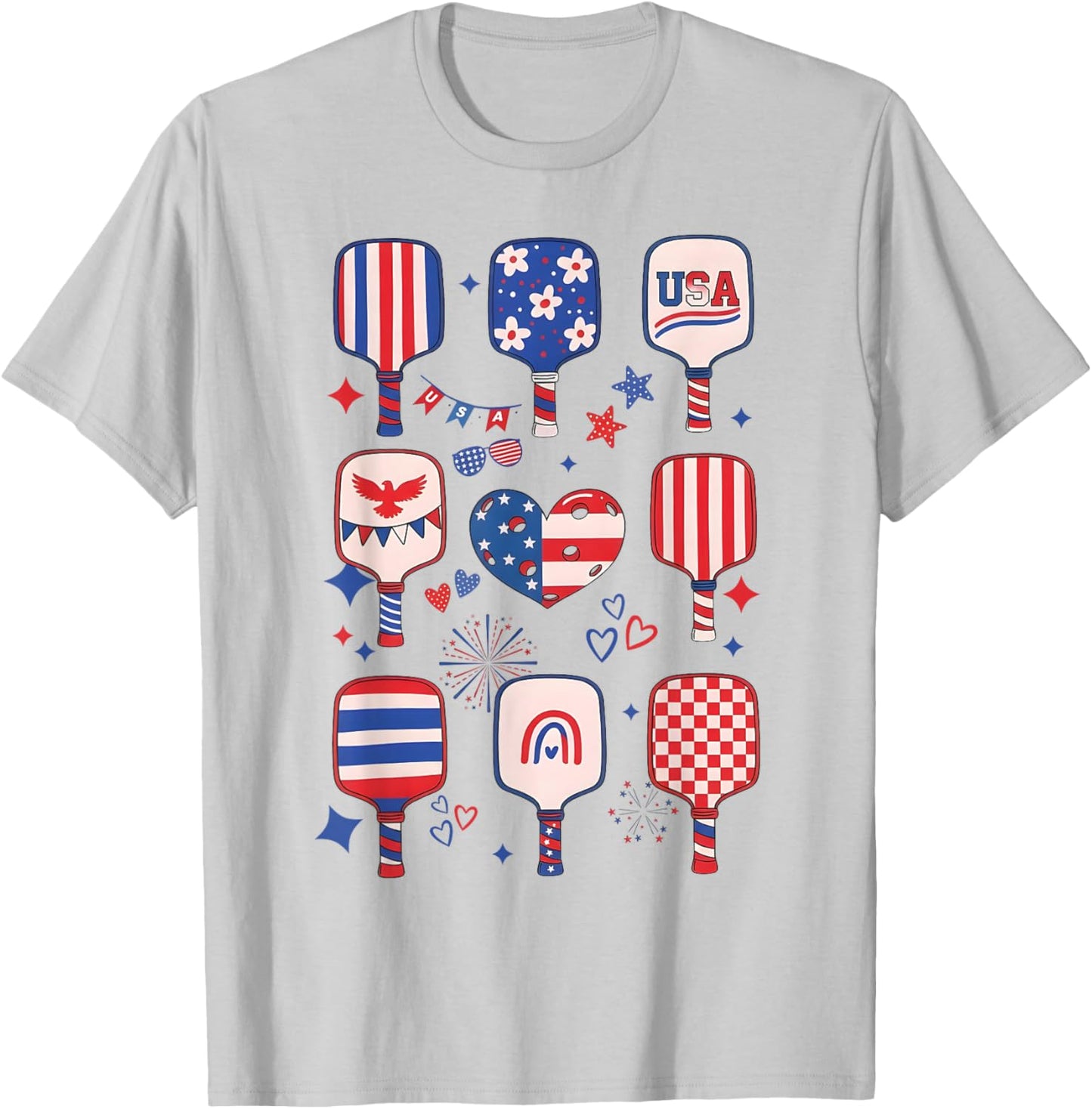Cute USA Pickleball Patriotic Pickleball Paddles 4th of July T-Shirt - T-Shirt | Ash