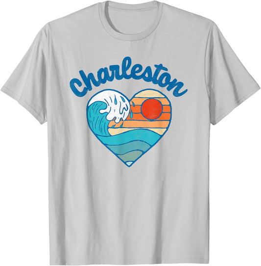 Charleston SC Beach Lover Retro Heart Surf & Wave Graphic Women Kids T-Shirt - T-Shirt | Ash