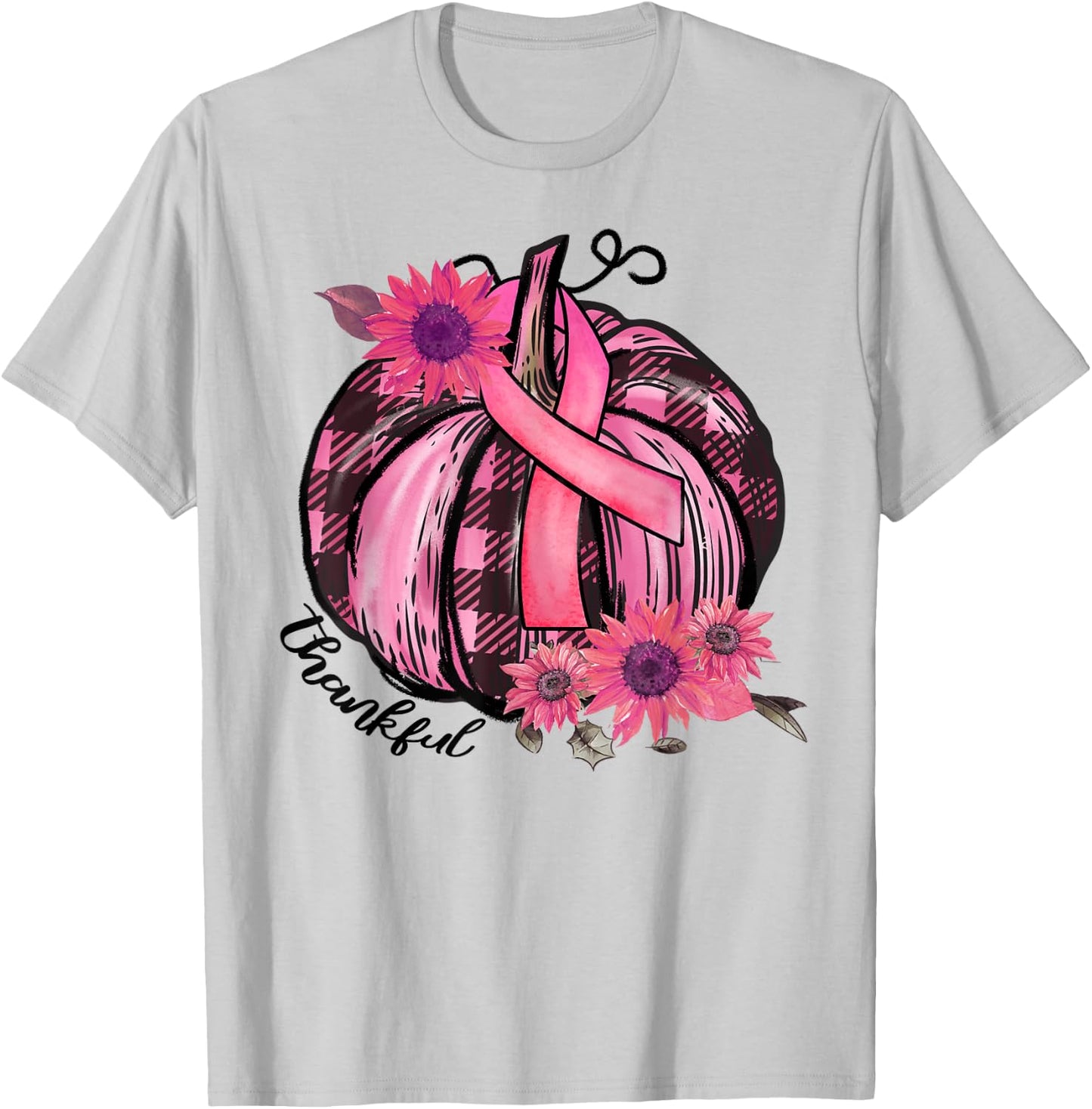 Thankful Pink Pumpkin Sunflower Breast Cancer Awareness Gift T-Shirt - T-Shirt | Ash