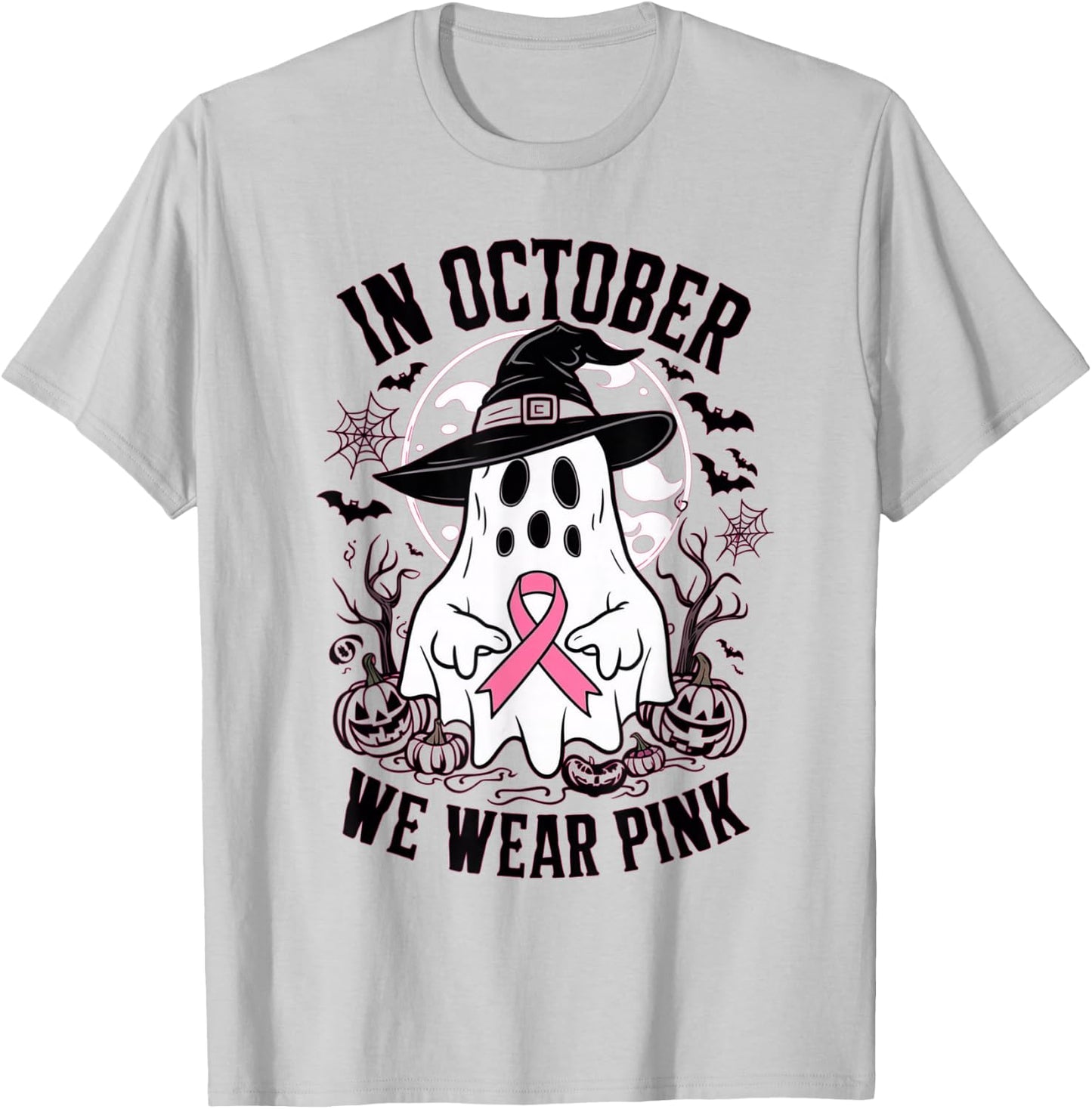 In October We Wear Pink Ghost Witch Hat Breast Cancer Women T-Shirt - T-Shirt | Ash