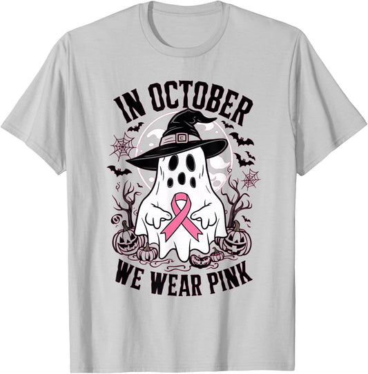 In October We Wear Pink Ghost Witch Hat Breast Cancer Women T-Shirt - T-Shirt | Ash