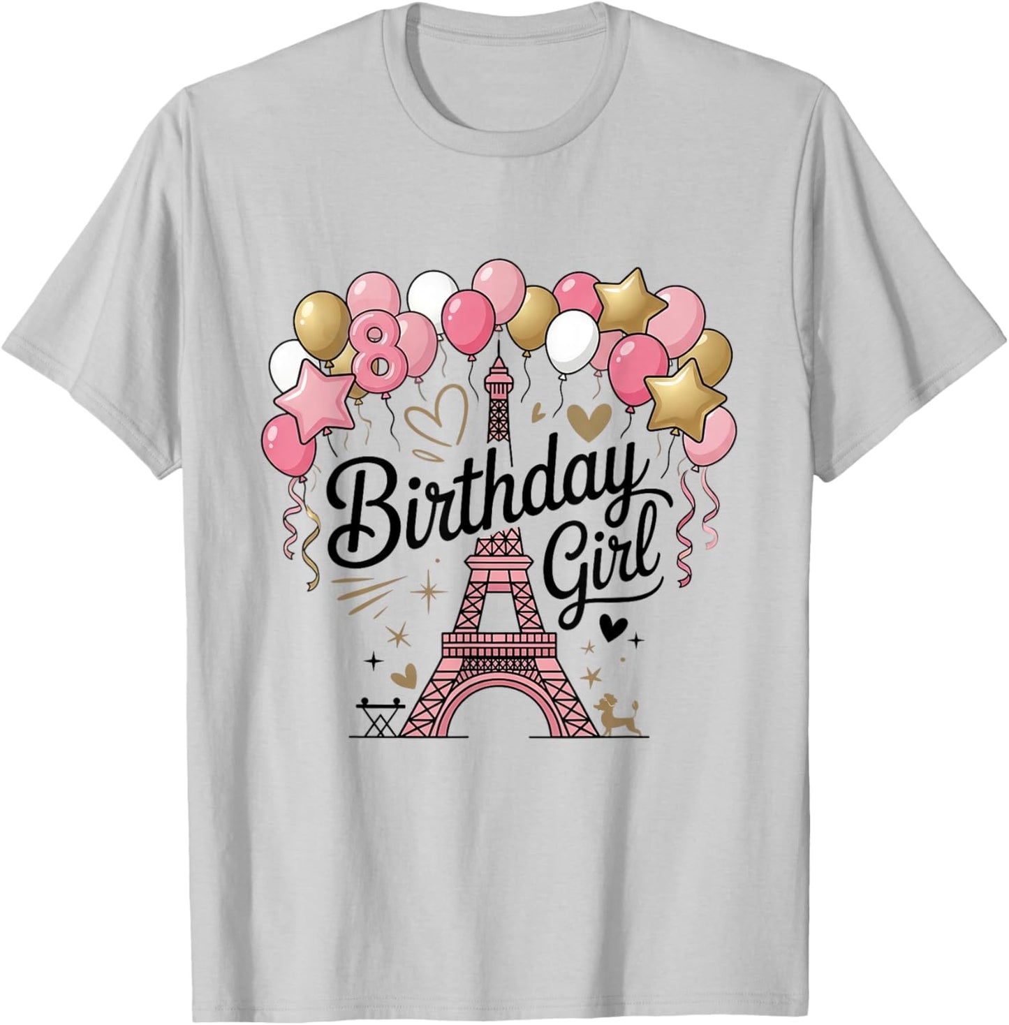 Paris Birthday Girl Eiffel Tower Party Kids 8 Year Old T-Shirt - T-Shirt | Ash