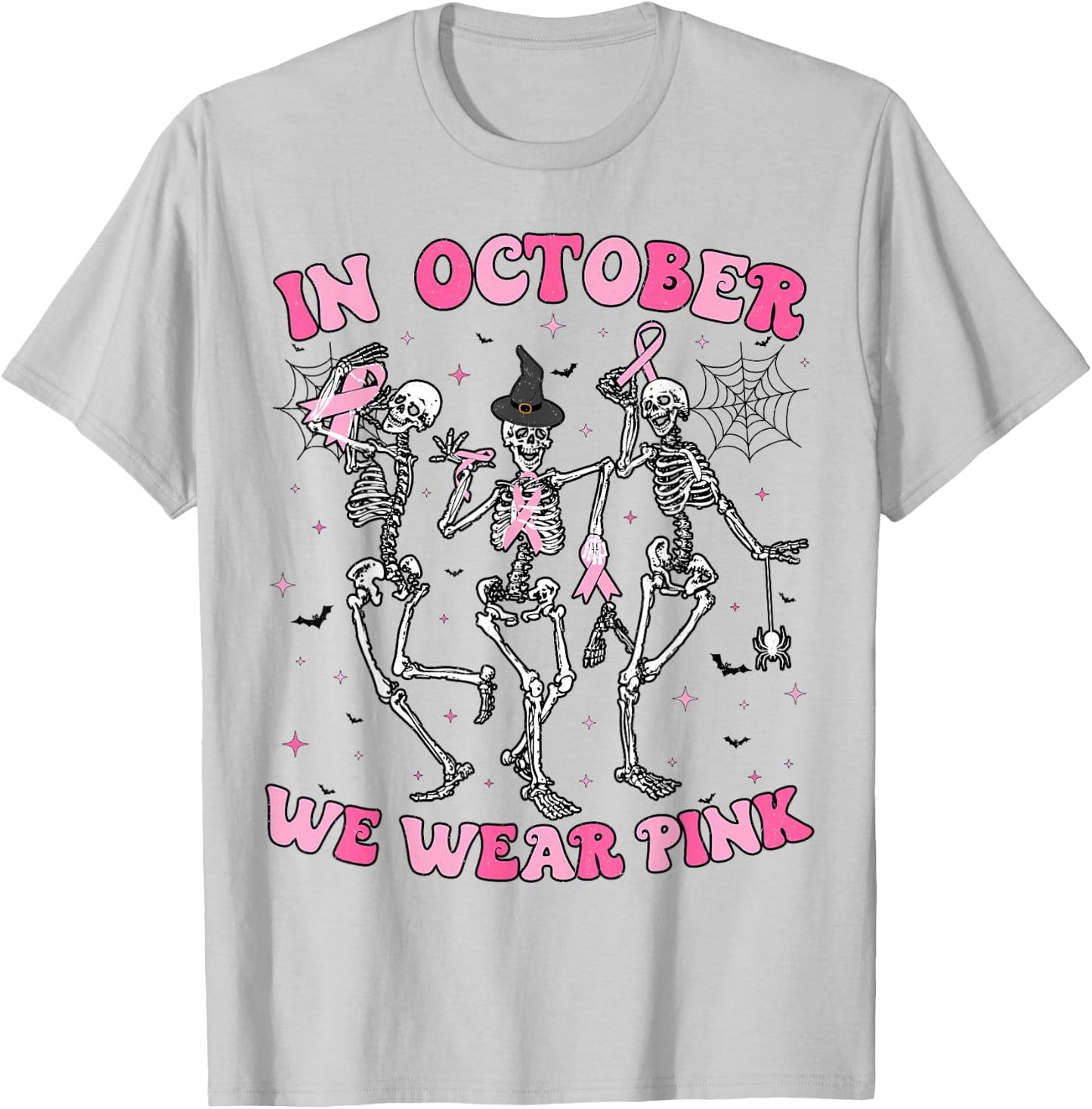 In October We Wear Pink Halloween Breast Cancer Skeleton T-Shirt - T-Shirt | Ash
