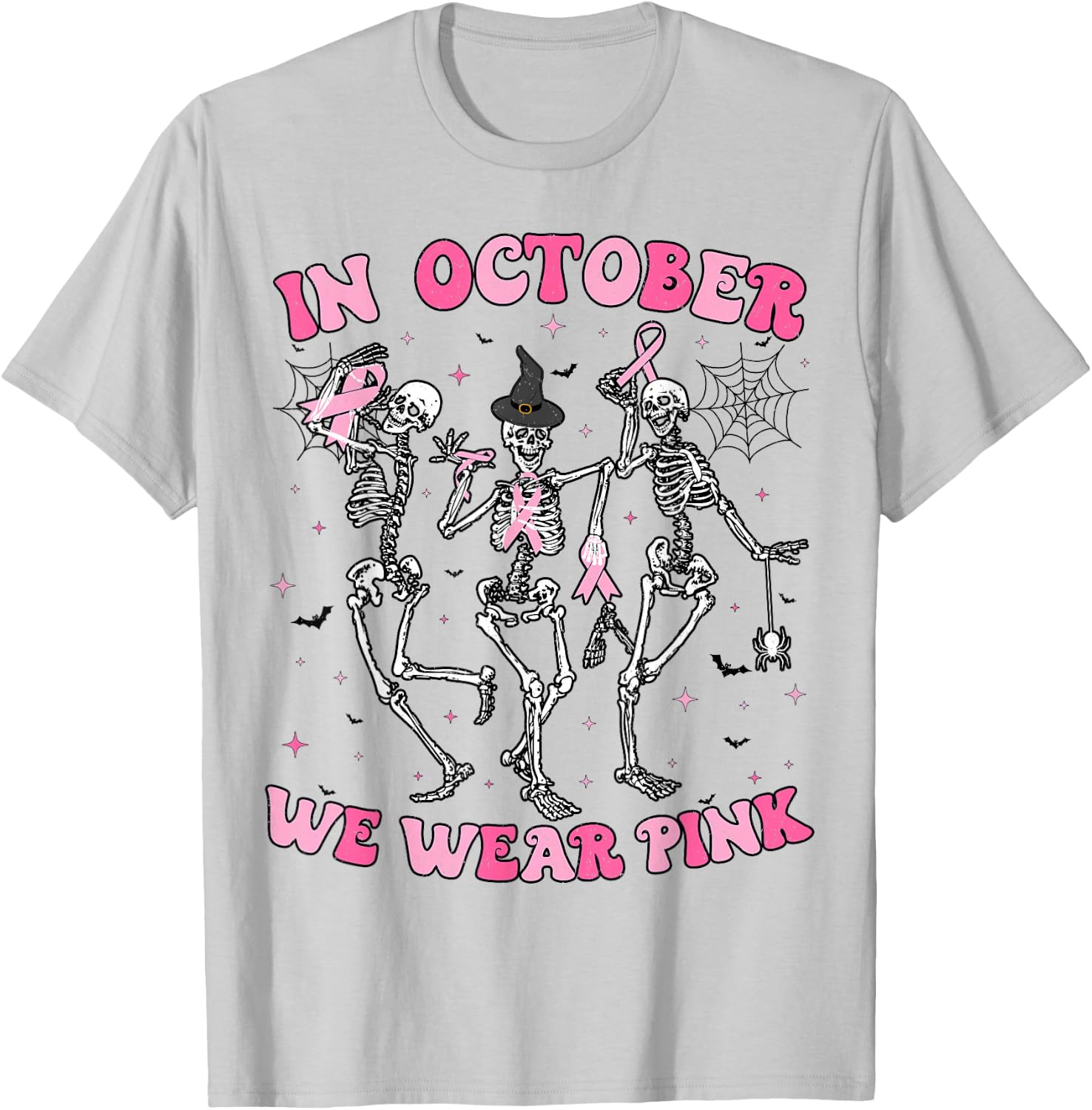 In October We Wear Pink Halloween Breast Cancer Skeleton T-Shirt - T-Shirt | Ash