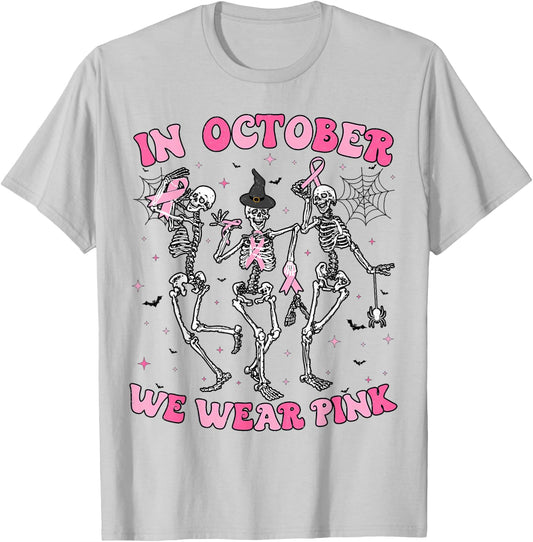 In October We Wear Pink Halloween Breast Cancer Skeleton T-Shirt - T-Shirt | Ash
