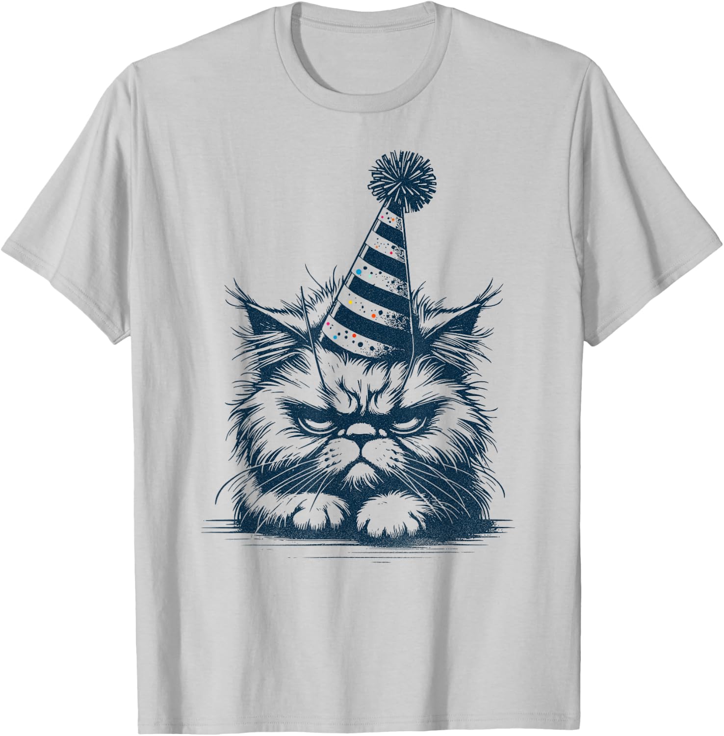 Funny Moody Tired Cat with Party Hat - Party Pooper Kitten T-Shirt - T-Shirt | Ash