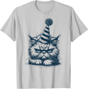 Funny Moody Tired Cat with Party Hat - Party Pooper Kitten T-Shirt - T-Shirt | Ash