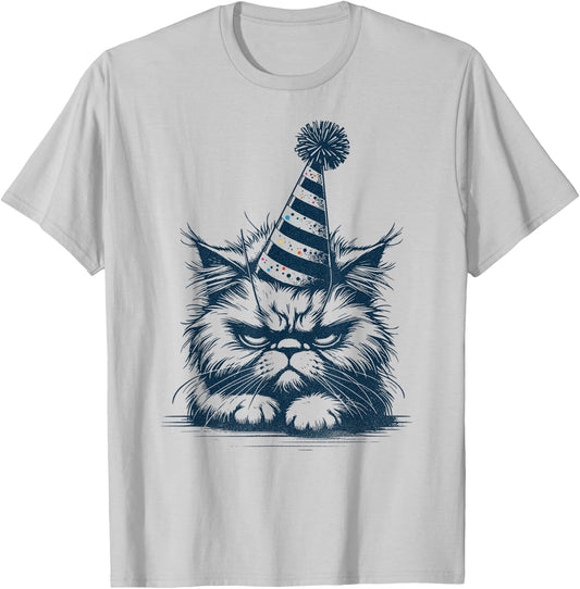 Funny Moody Tired Cat with Party Hat - Party Pooper Kitten T-Shirt - T-Shirt | Ash