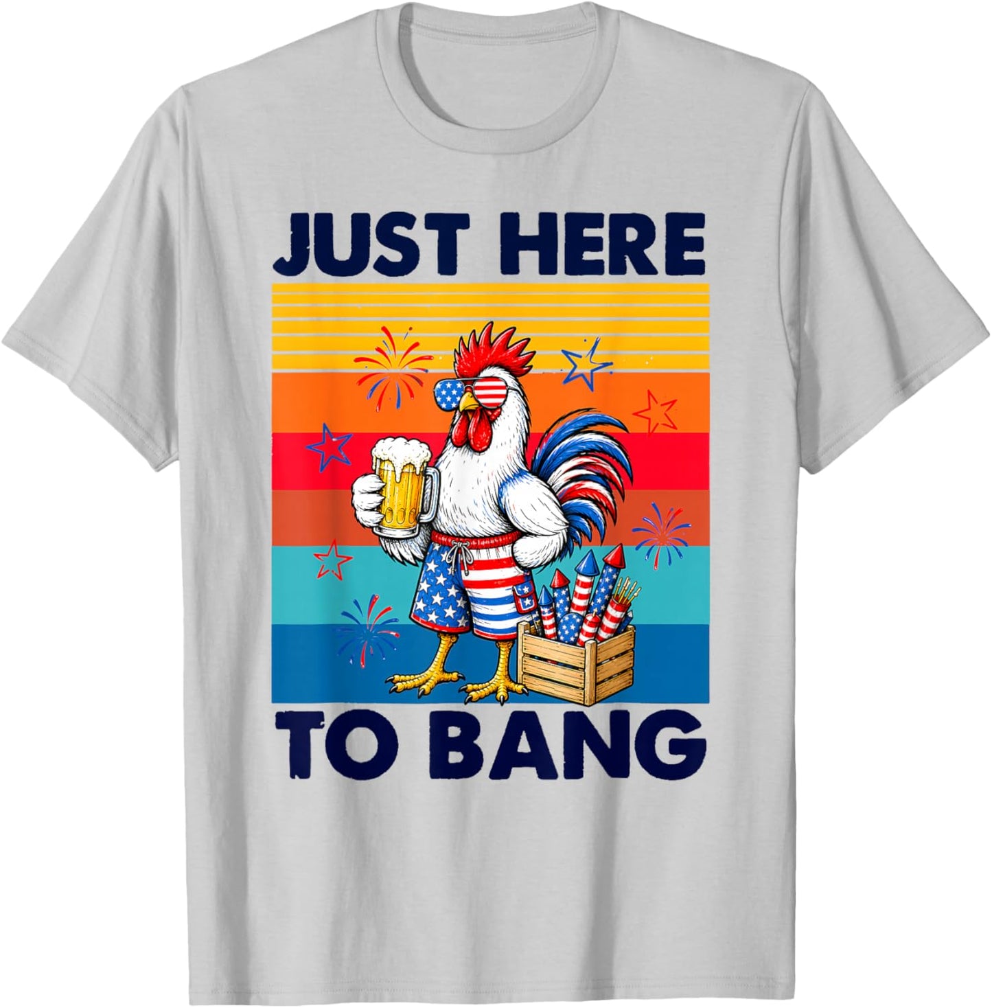 4th of July Chicken Fireworks Here to Bang Retro America Men T-Shirt - T-Shirt | Ash
