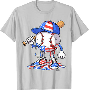 Boys 4th of July USA American Flag Baseball Ice Cream Drip T-Shirt - T-Shirt | Ash