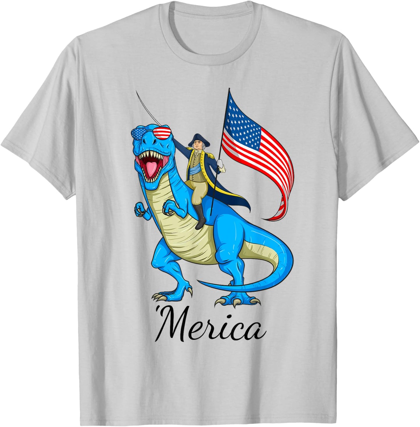 Merica Patriotic TRex Dinosaur George Washington 4th of July T-Shirt - T-Shirt | Ash