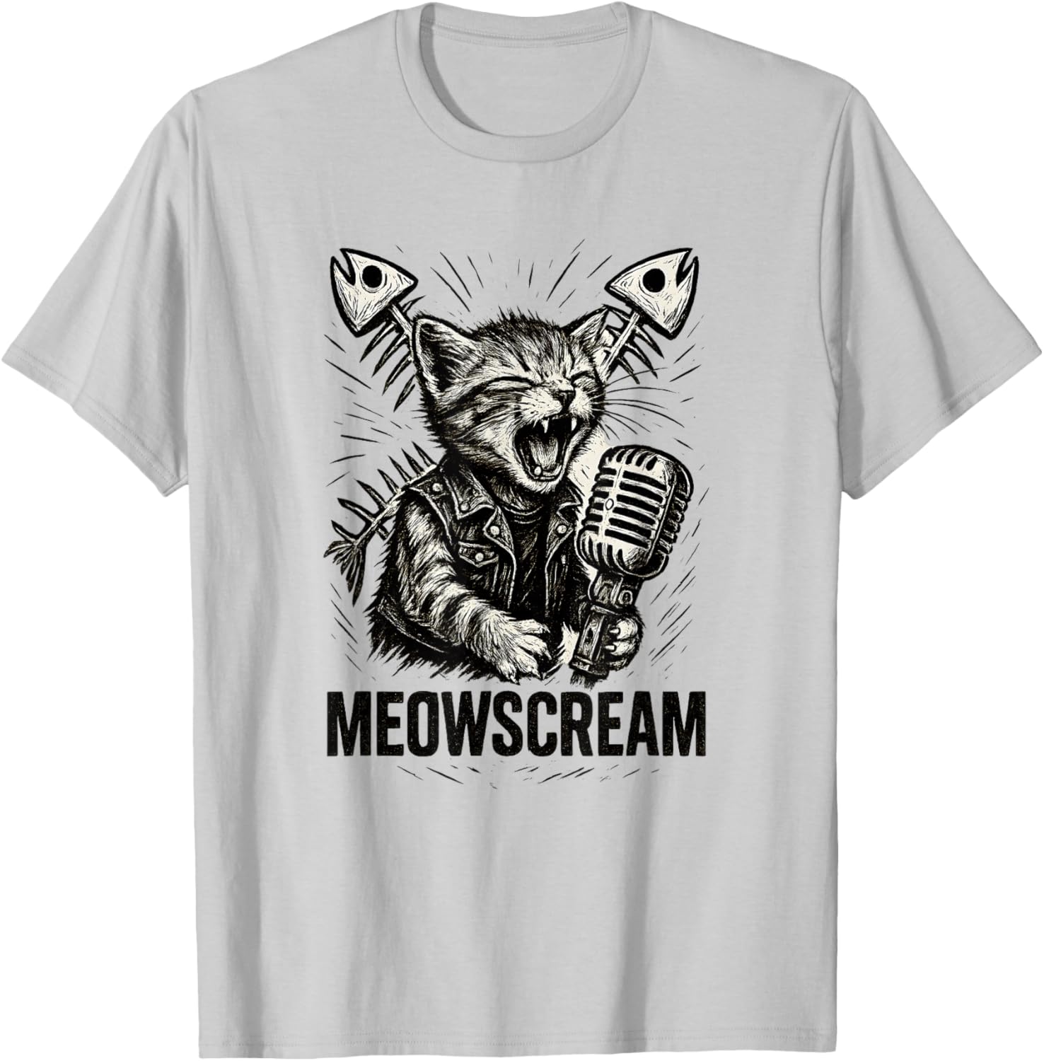 Fierce Kitten Battle Vest Monochrome Microphone Scream Rock T-Shirt - T-Shirt | Ash