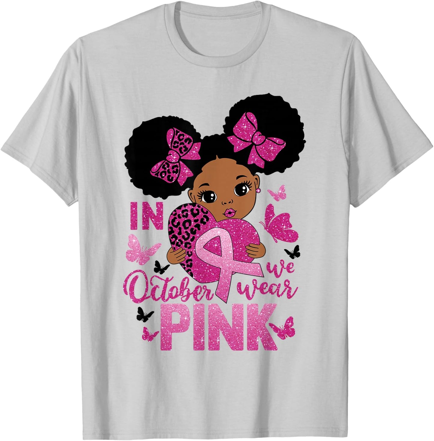 Messy Bun In October We Wear Pink Girls Toddlers T-Shirt - T-Shirt | Ash