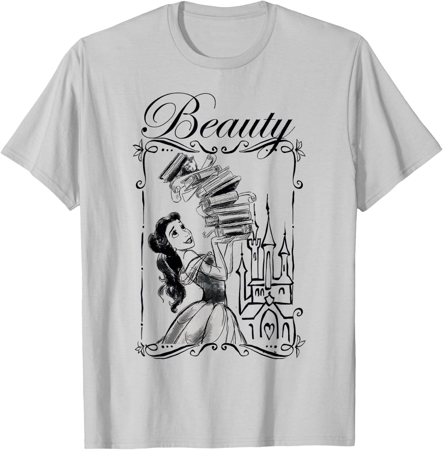 Disney Beauty and the Beast Belle Book Stack Sketch Portrait T-Shirt - T-Shirt | Ash