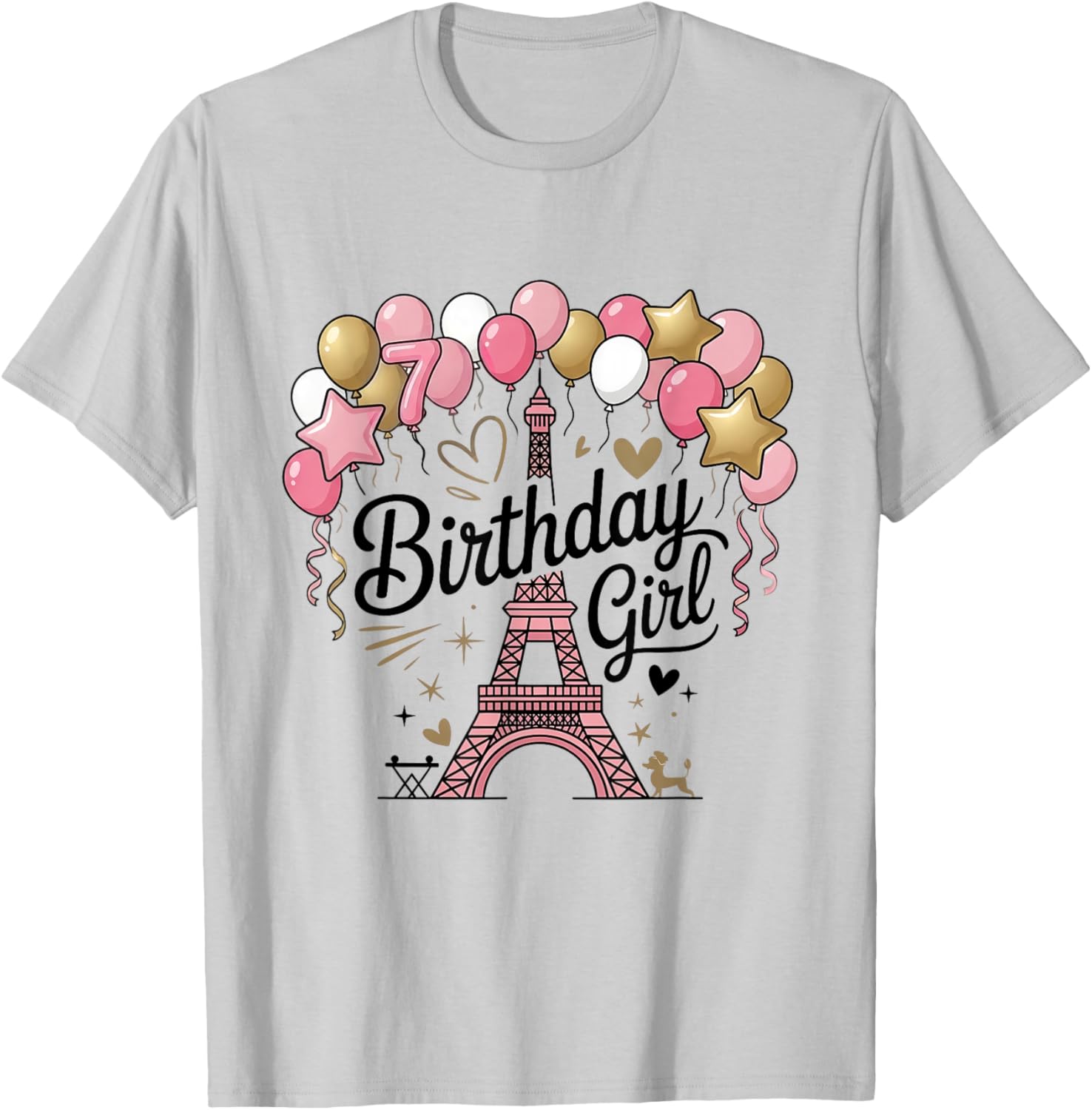Paris Birthday Girl Eiffel Tower Party Kids 7 Year Old T-Shirt - T-Shirt | Ash