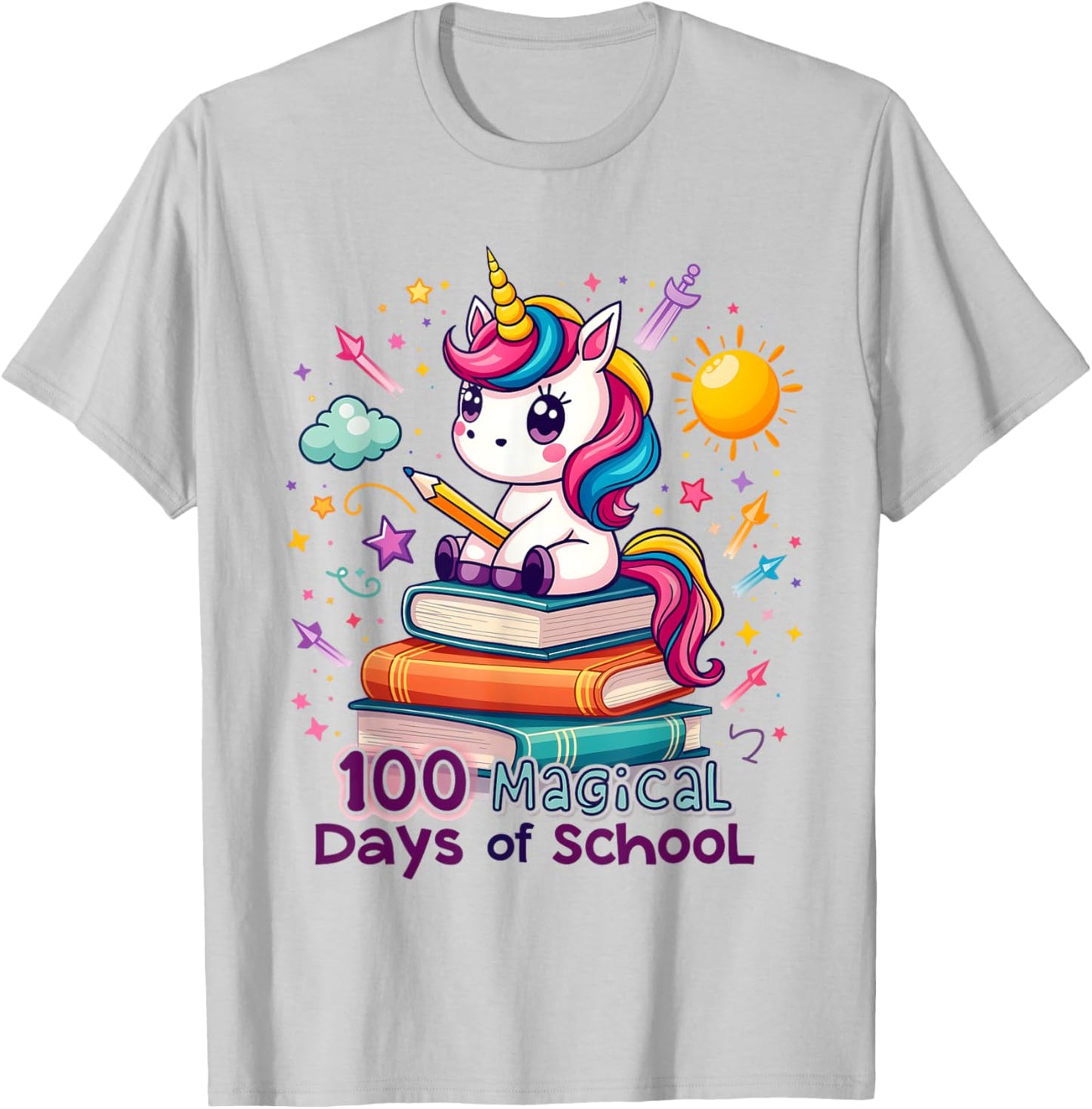 100 Magical Days of School Funny Unicorn Student Teacher T-Shirt - T-Shirt | Ash